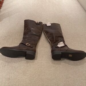 Dark brown Knee-High Boots with gold accents.